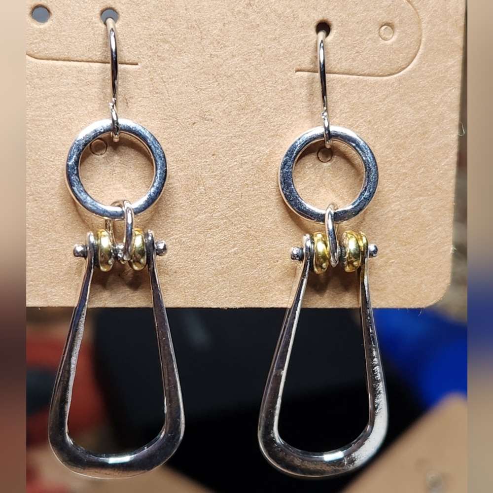 Elegant Riveted Silver Drop Earrings with Gold Accent #411 - Picture 4 of 4